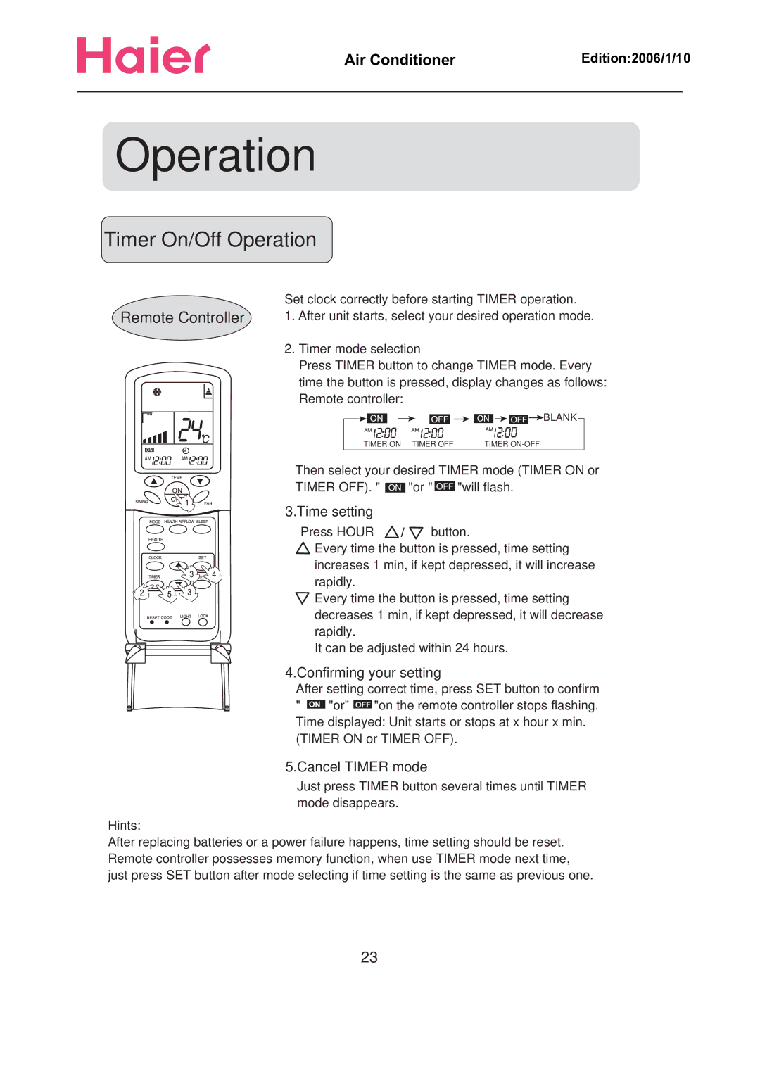 Haier Compact Air Conditioner manual Timer On/Off Operation, Time setting, Confirming your setting, Cancel Timer mode 