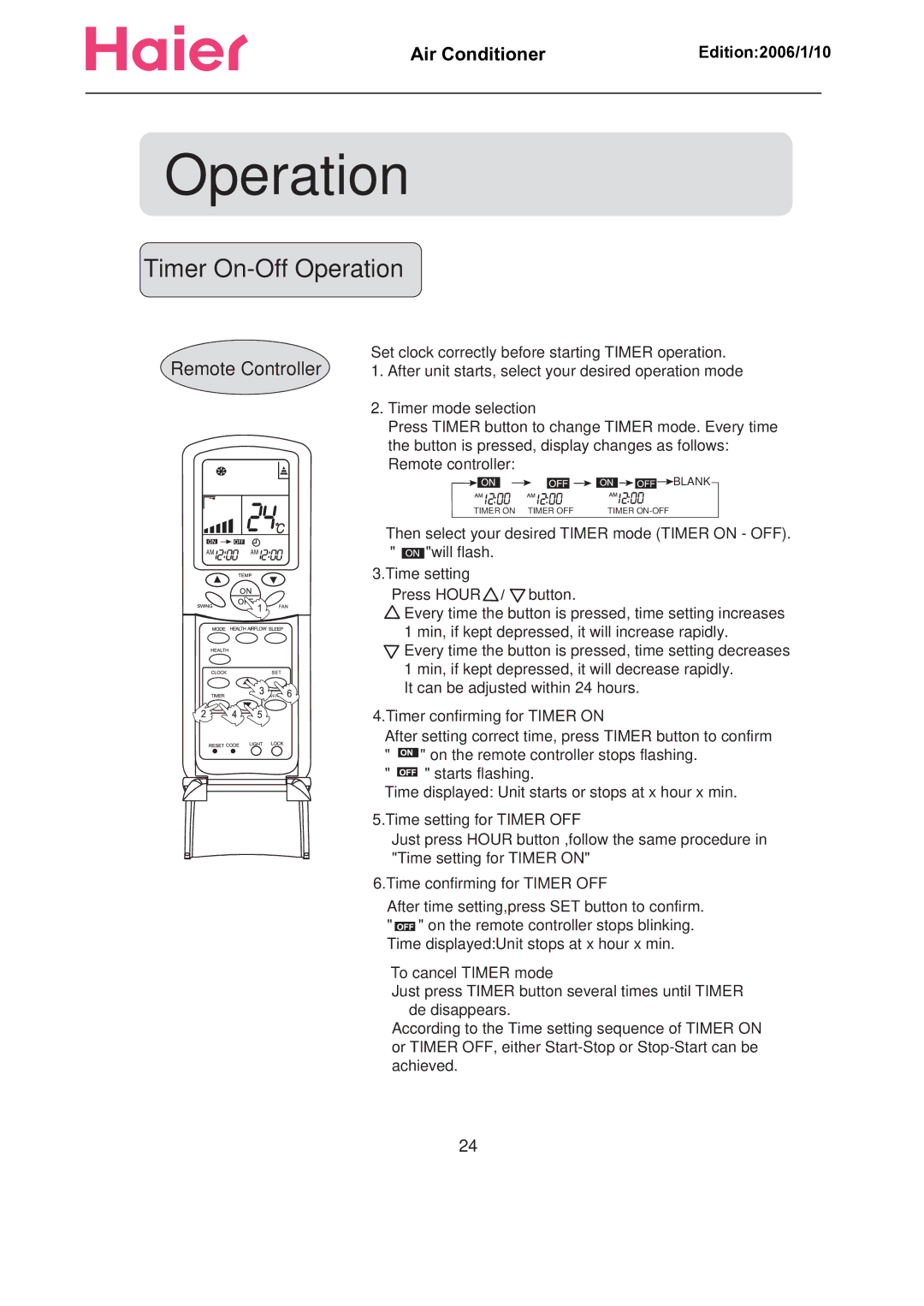 Haier Compact Air Conditioner manual Timer On-Off Operation 