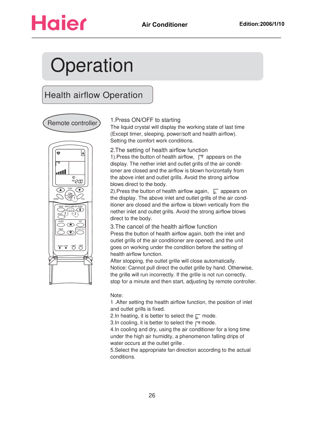 Haier Compact Air Conditioner manual Health airflow Operation, Press ON/OFF to starting, Setting of health airflow function 