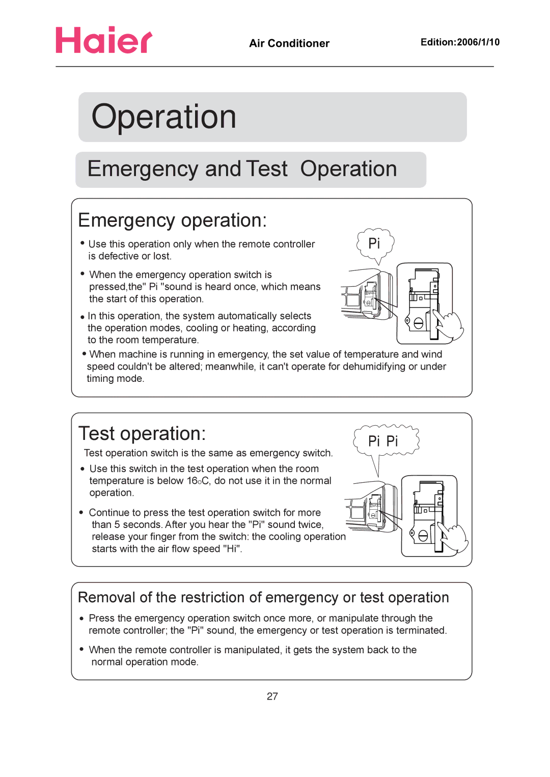 Haier Compact Air Conditioner manual Emergency and Test Operation 