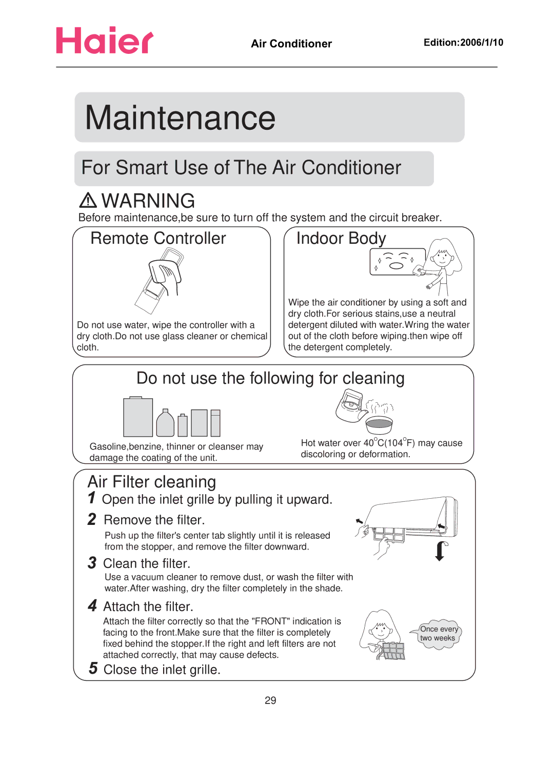 Haier Compact Air Conditioner manual Remote Controller, Do not use the following for cleaning, Air Filter cleaning 