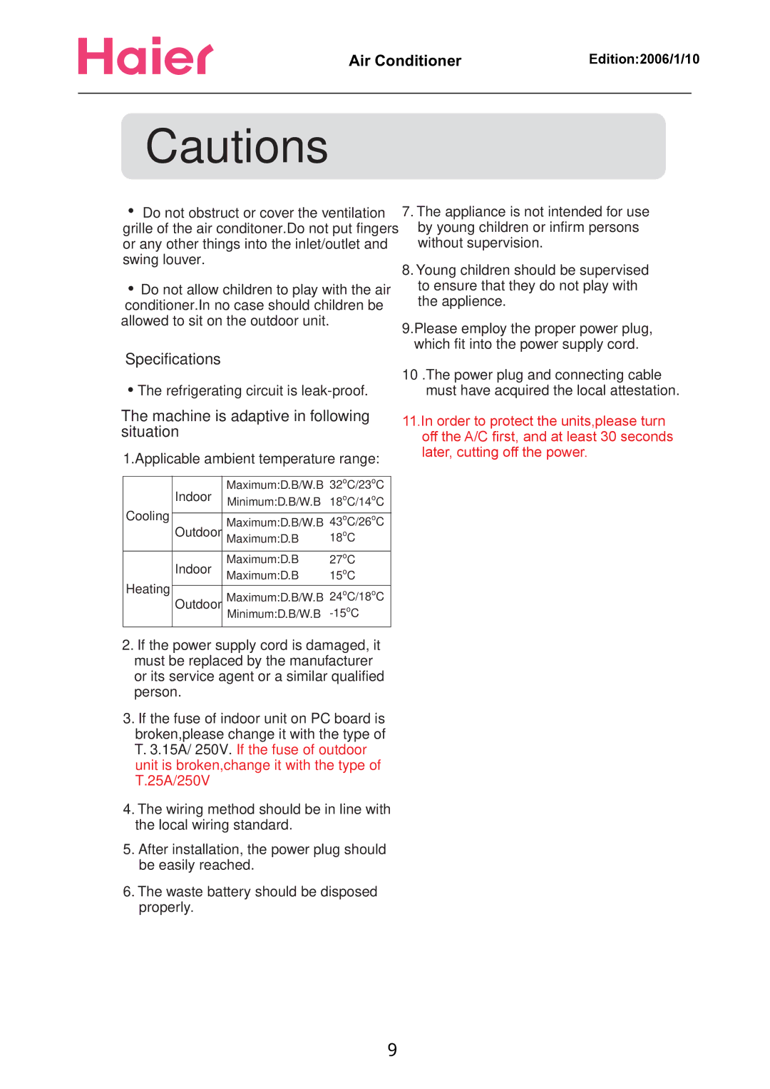 Haier Compact Air Conditioner manual Refrigerating circuit is leak-proof, Applicable ambient temperature range 