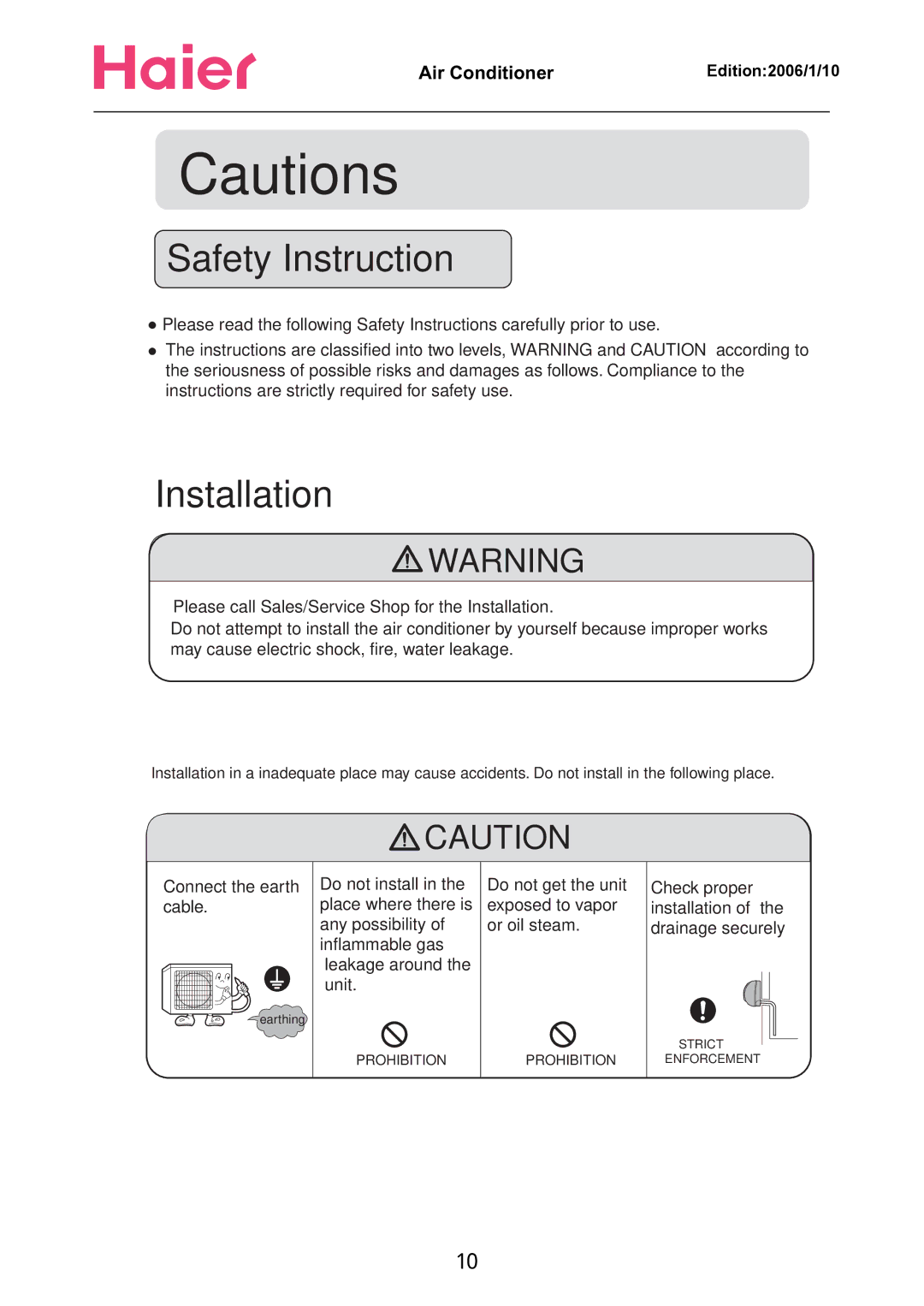 Haier Compact Air Conditioner manual Safety Instruction 