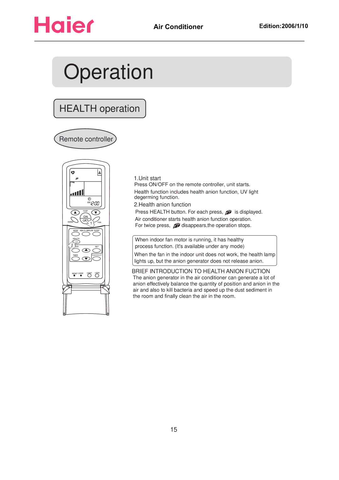 Haier Compact Air Conditioner manual Operation 