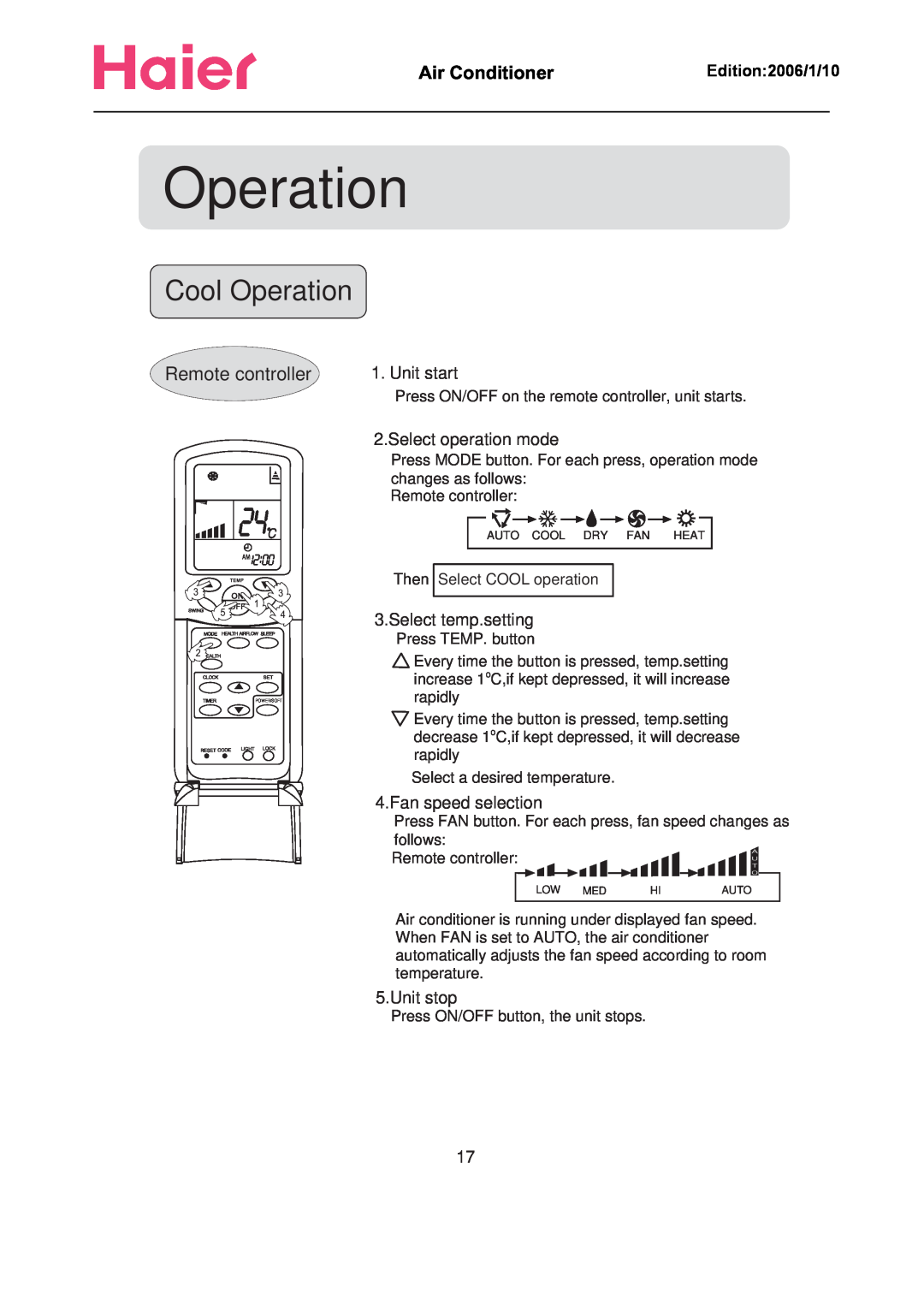 Haier Compact Air Conditioner manual Cool Operation, Remote controller, Air Conditioner      , Edition 2006/1/10 
