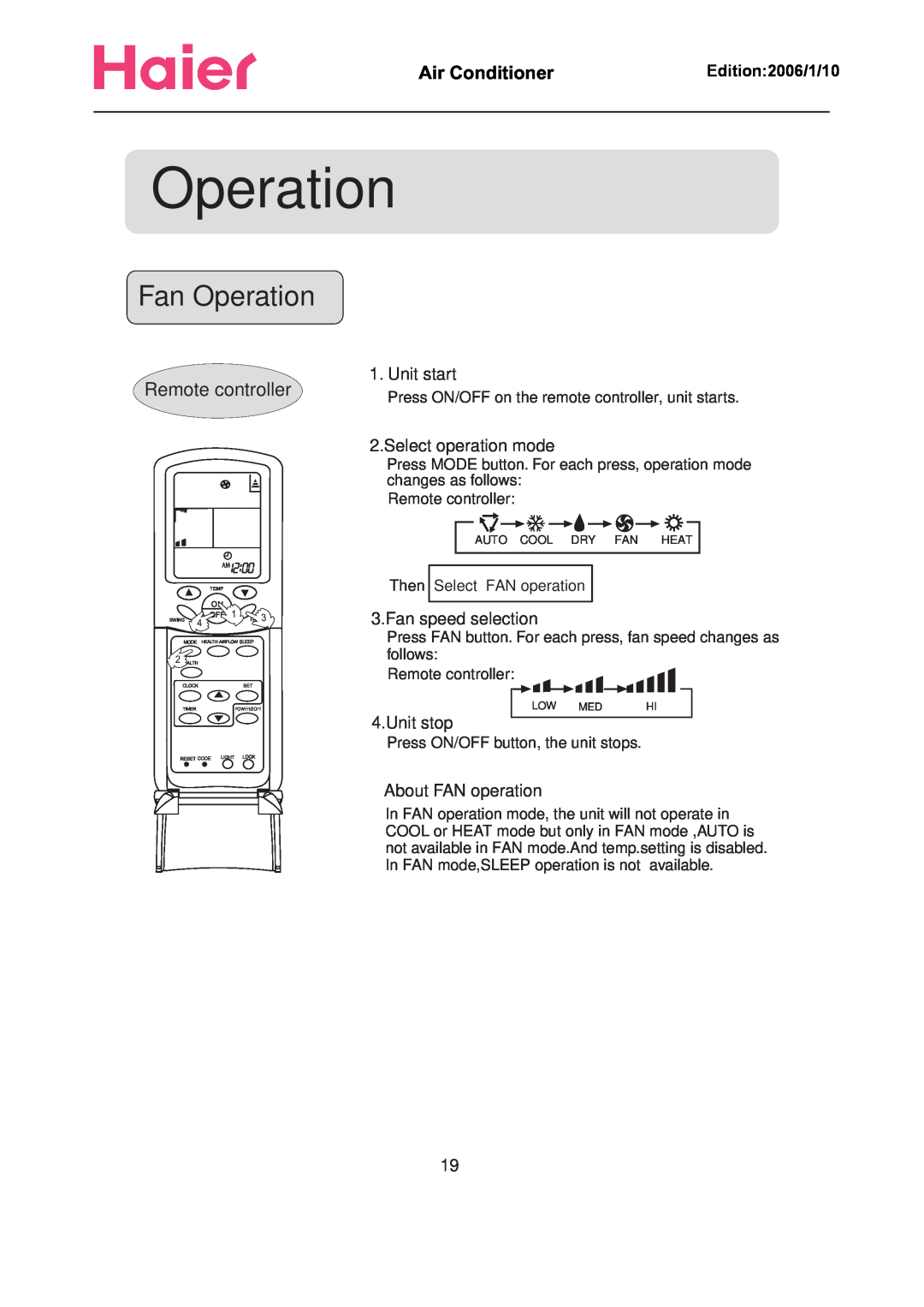 Haier Compact Air Conditioner manual Fan Operation, Remote controller, Air Conditioner      , Edition 2006/1/10 