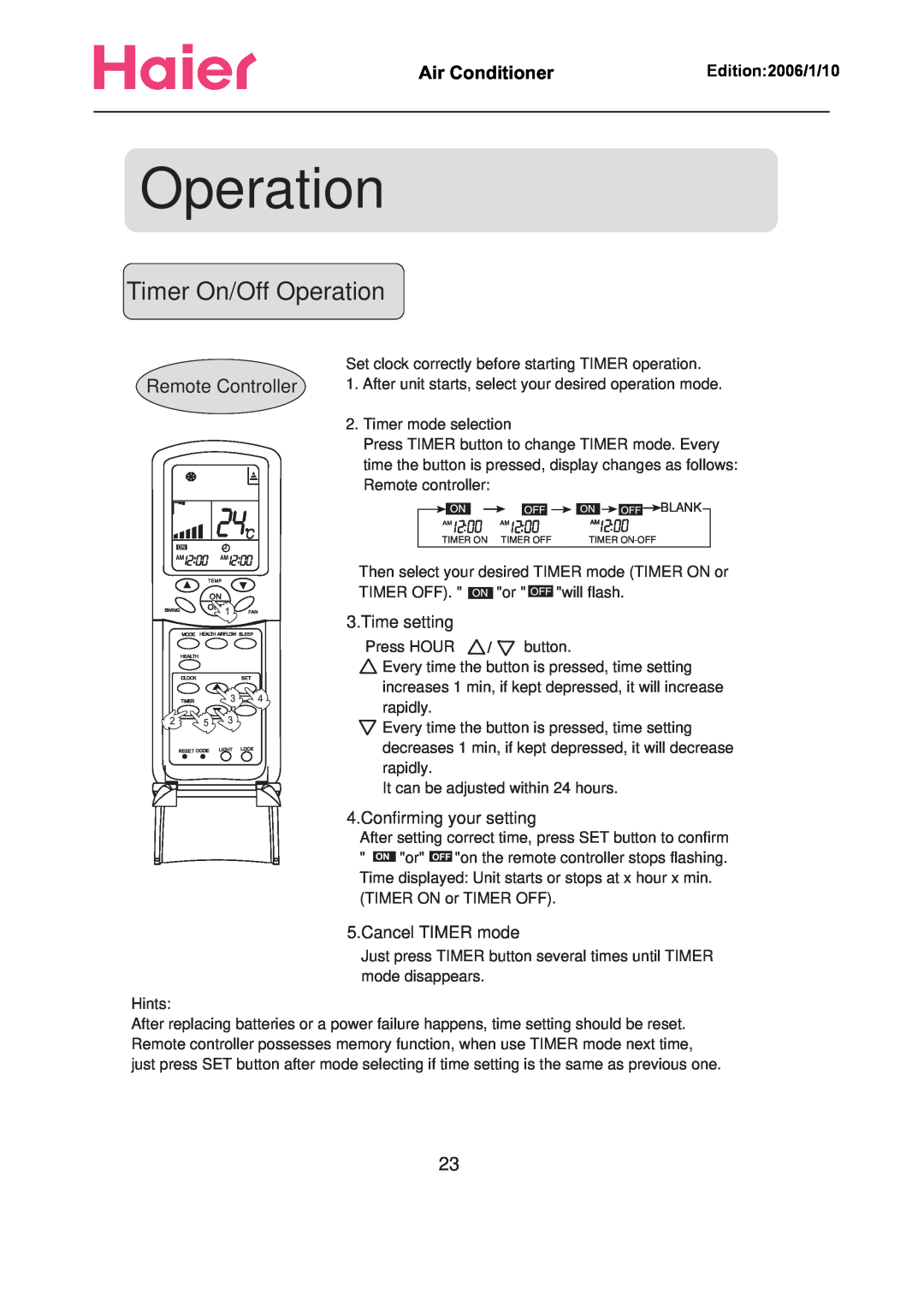 Haier Compact Air Conditioner manual Timer On/Off Operation, Remote Controller, Air Conditioner       