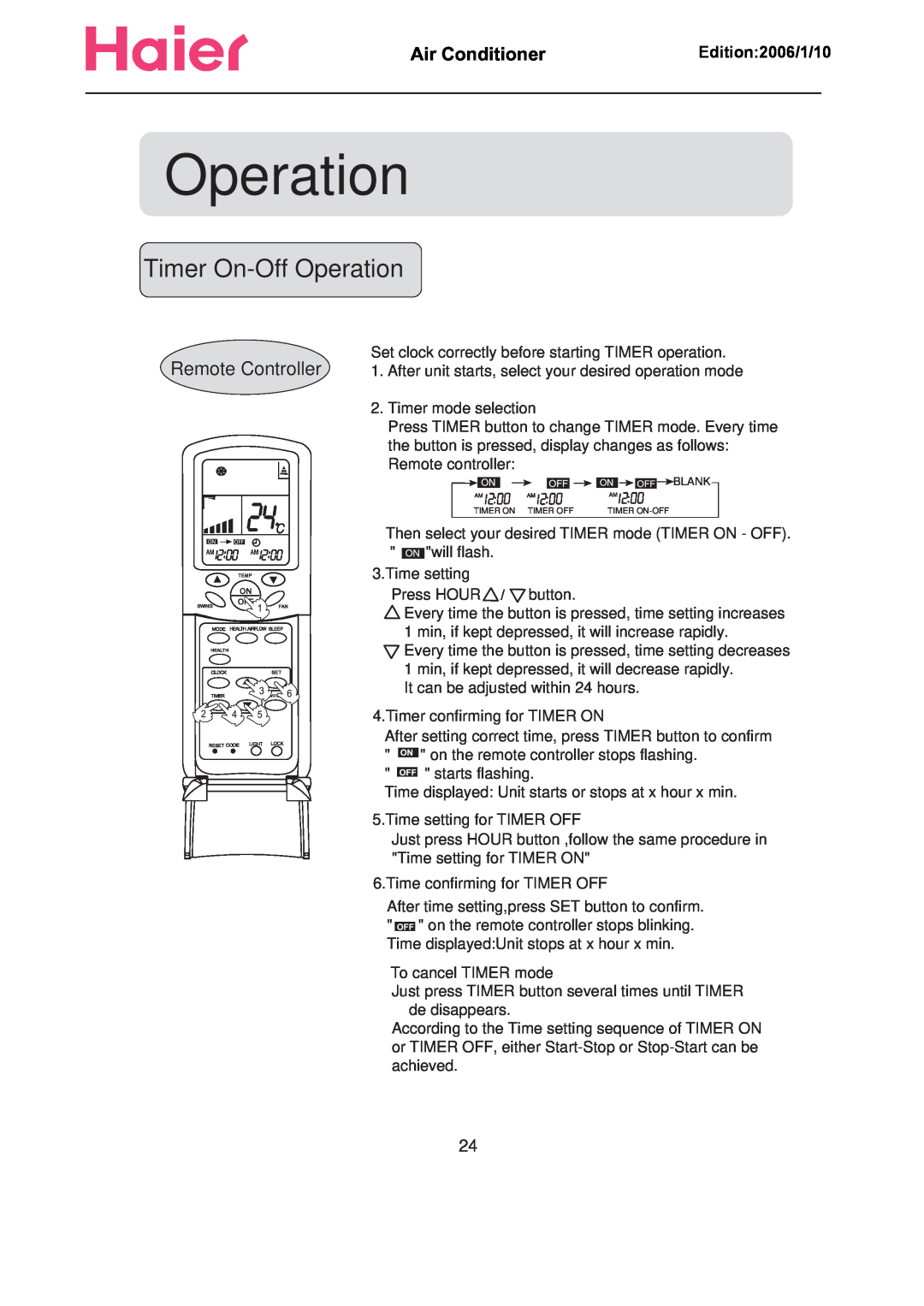 Haier Compact Air Conditioner manual Timer On-OffOperation, Remote Controller, Air Conditioner       