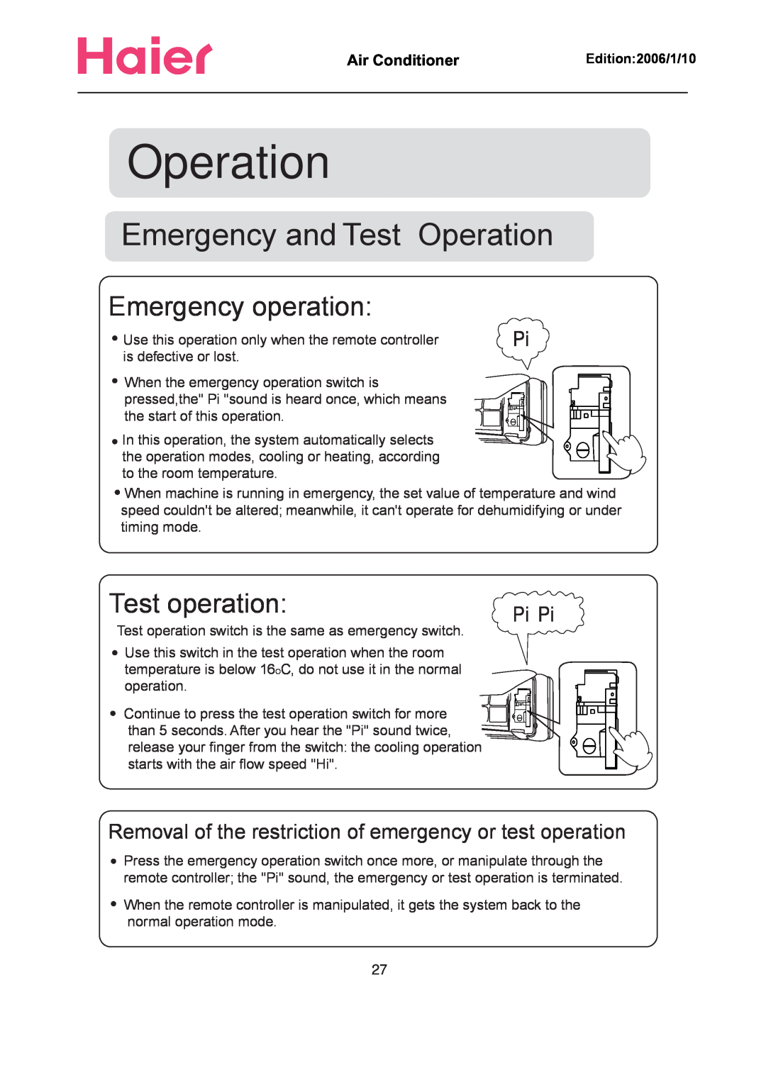 Haier Compact Air Conditioner manual Emergency and Test Operation, Emergency operation, Test operation 