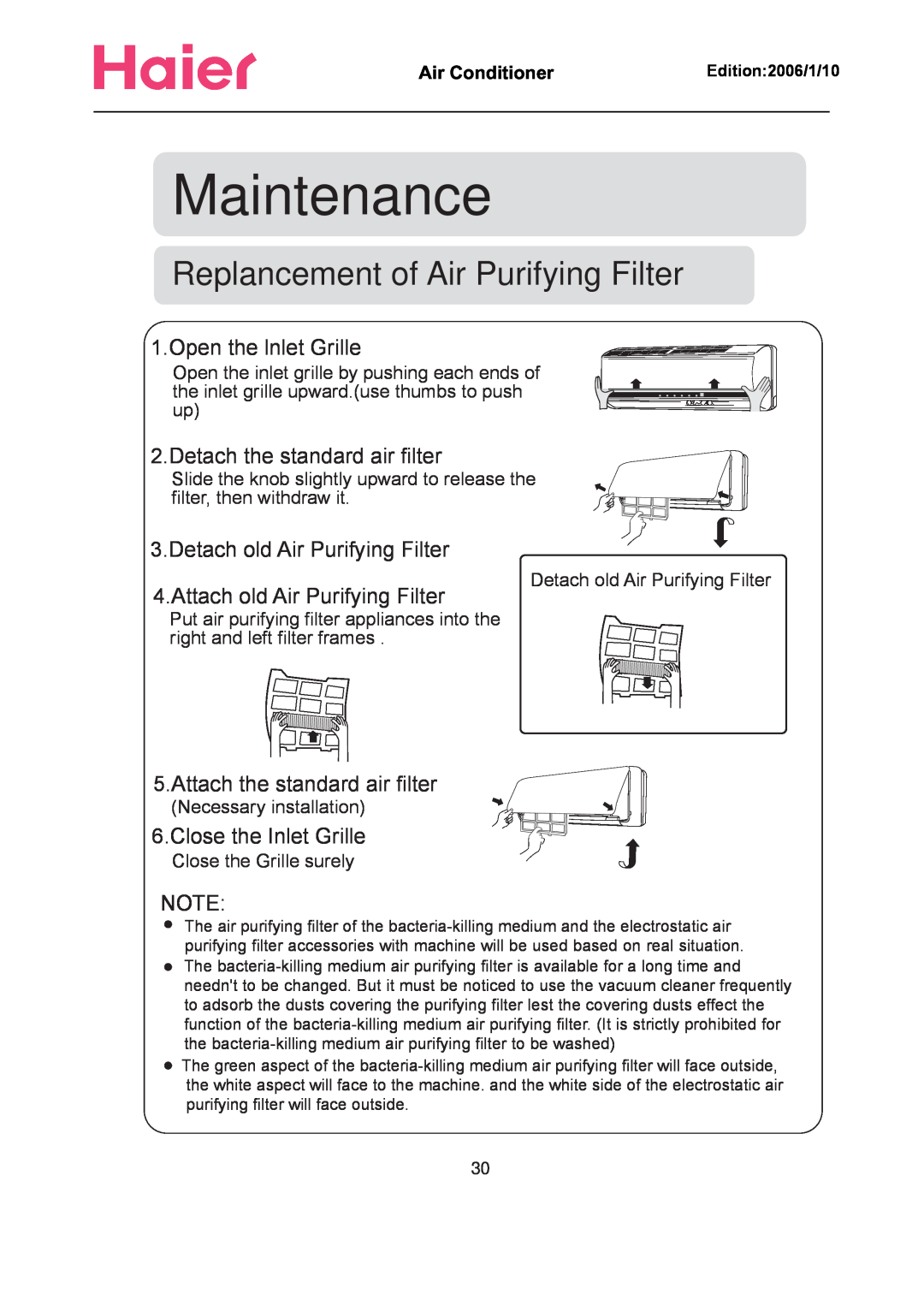 Haier Compact Air Conditioner manual Replancement of Air Purifying Filter, Maintenance, Open the lnlet Grille 