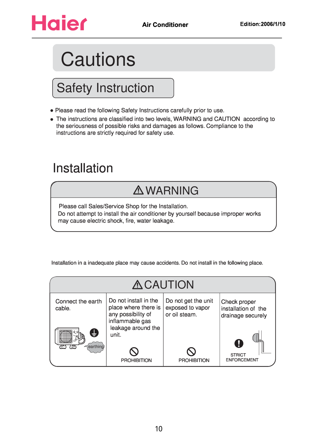 Haier Compact Air Conditioner manual Safety Instruction, Installation, Cautions 