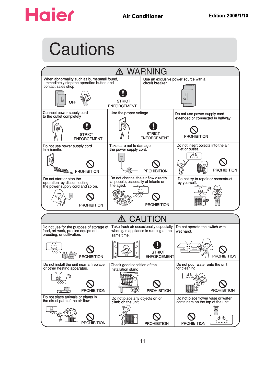 Haier Compact Air Conditioner manual Cautions, Air Conditioner      , Edition 2006/1/10, Strict 