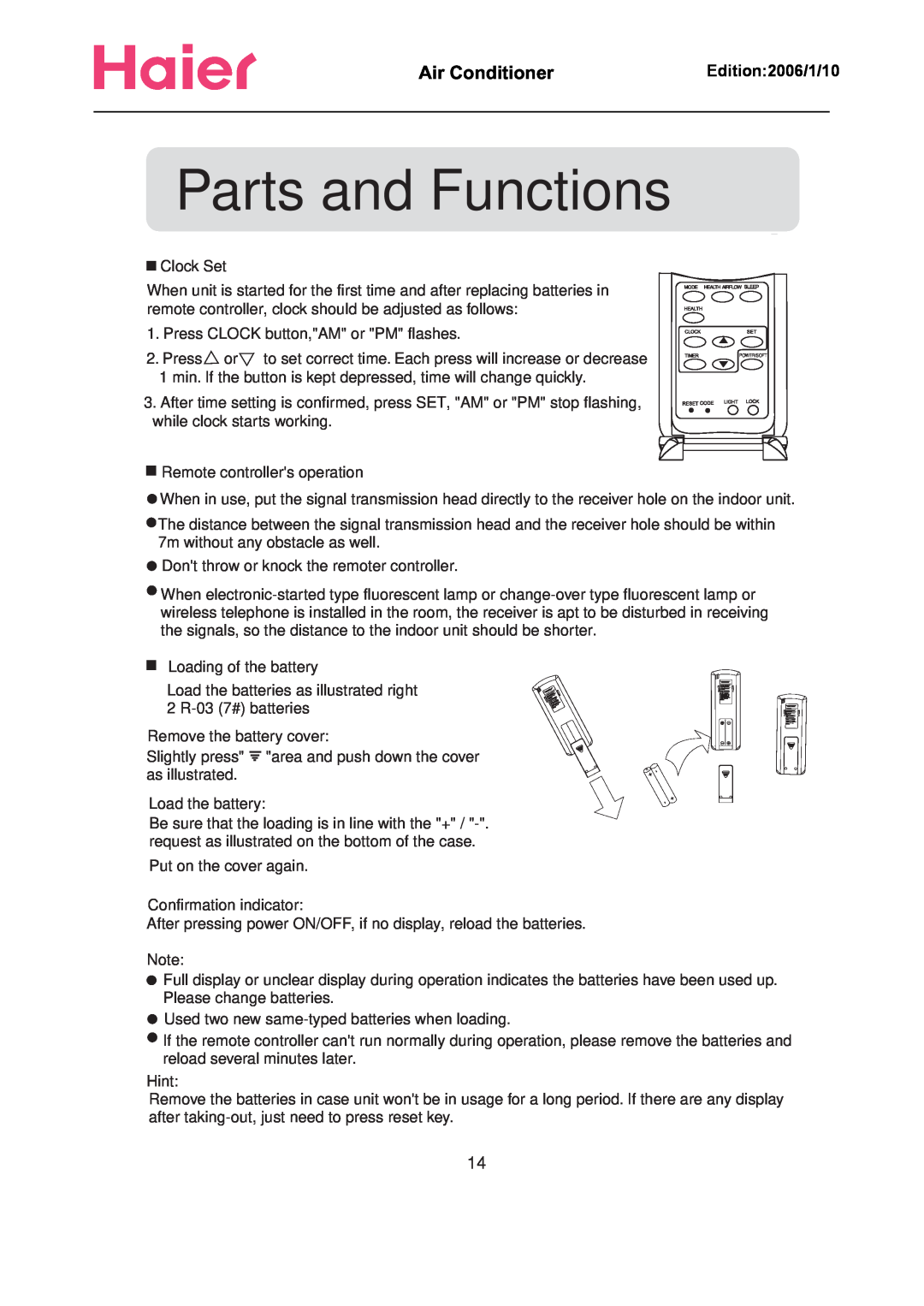 Haier Compact Air Conditioner manual Parts and Functions, Air Conditioner      , Edition 2006/1/10, Clock Set 