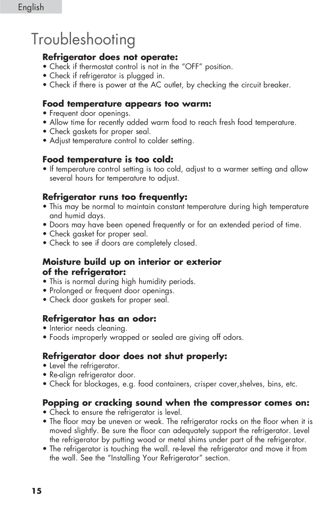 Haier COMPACT REFRIGERATOR, HNSE032 manual Troubleshooting 