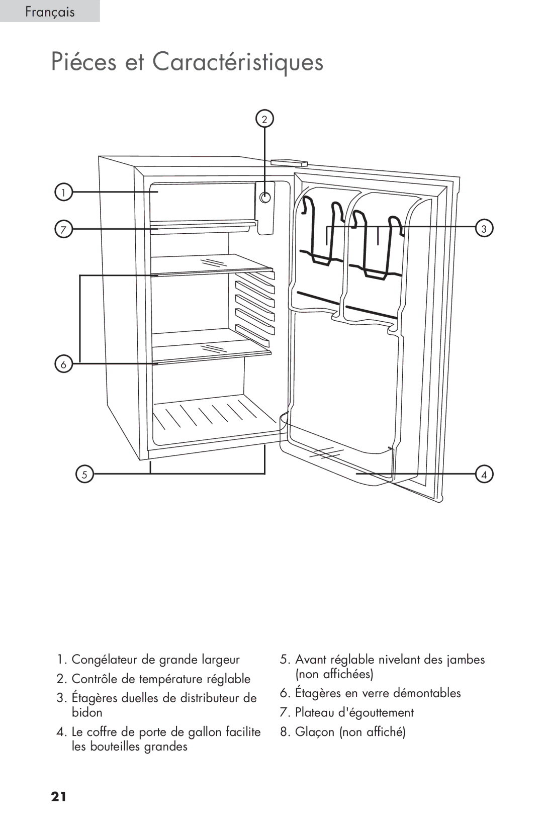 Haier COMPACT REFRIGERATOR, HNSE032 manual Piéces et Caractéristiques 