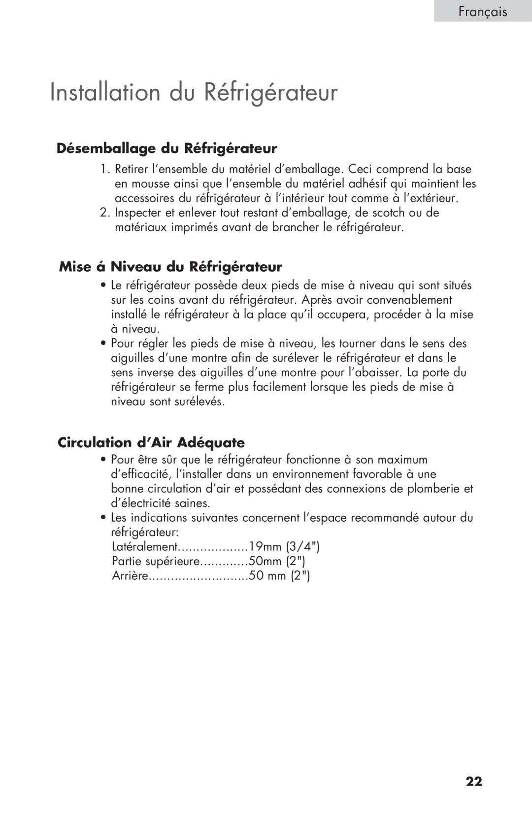 Haier HNSE032 manual Installation du Réfrigérateur, Désemballage du Réfrigérateur, Mise á Niveau du Réfrigérateur 