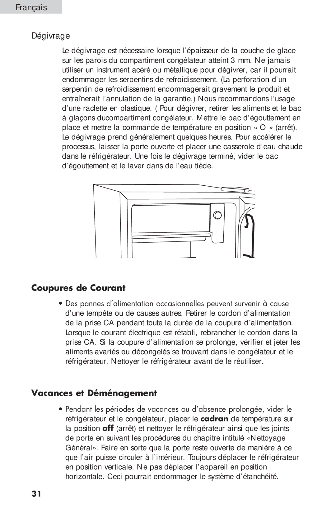 Haier COMPACT REFRIGERATOR, HNSE032 manual Français Dégivrage, Coupures de Courant, Vacances et Déménagement 