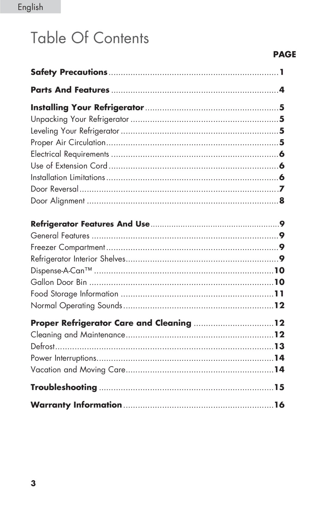 Haier COMPACT REFRIGERATOR, HNSE032 manual Table Of Contents 