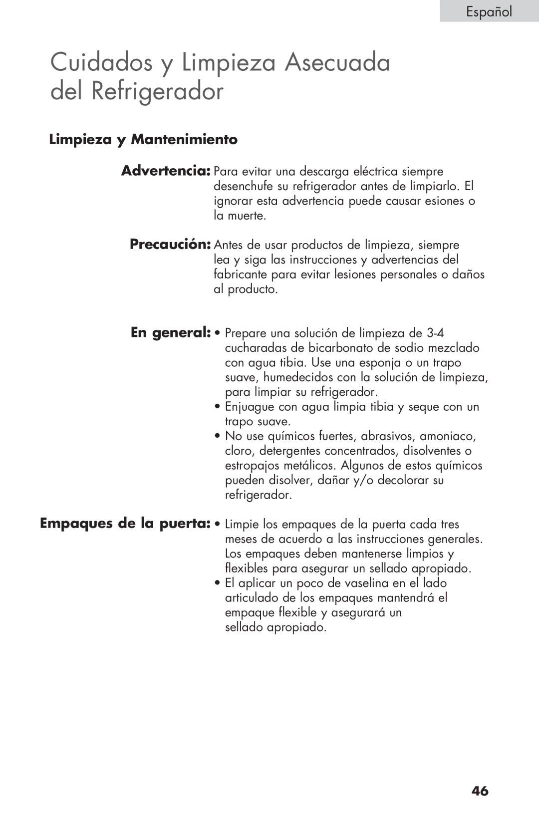 Haier HNSE032, COMPACT REFRIGERATOR manual Cuidados y Limpieza Asecuada del Refrigerador, Limpieza y Mantenimiento 