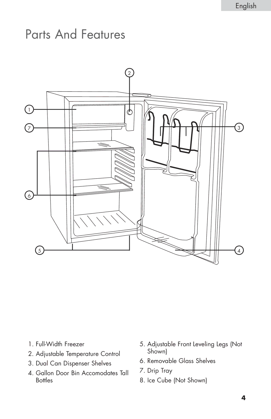 Haier HNSE032, COMPACT REFRIGERATOR manual Parts And Features, English 