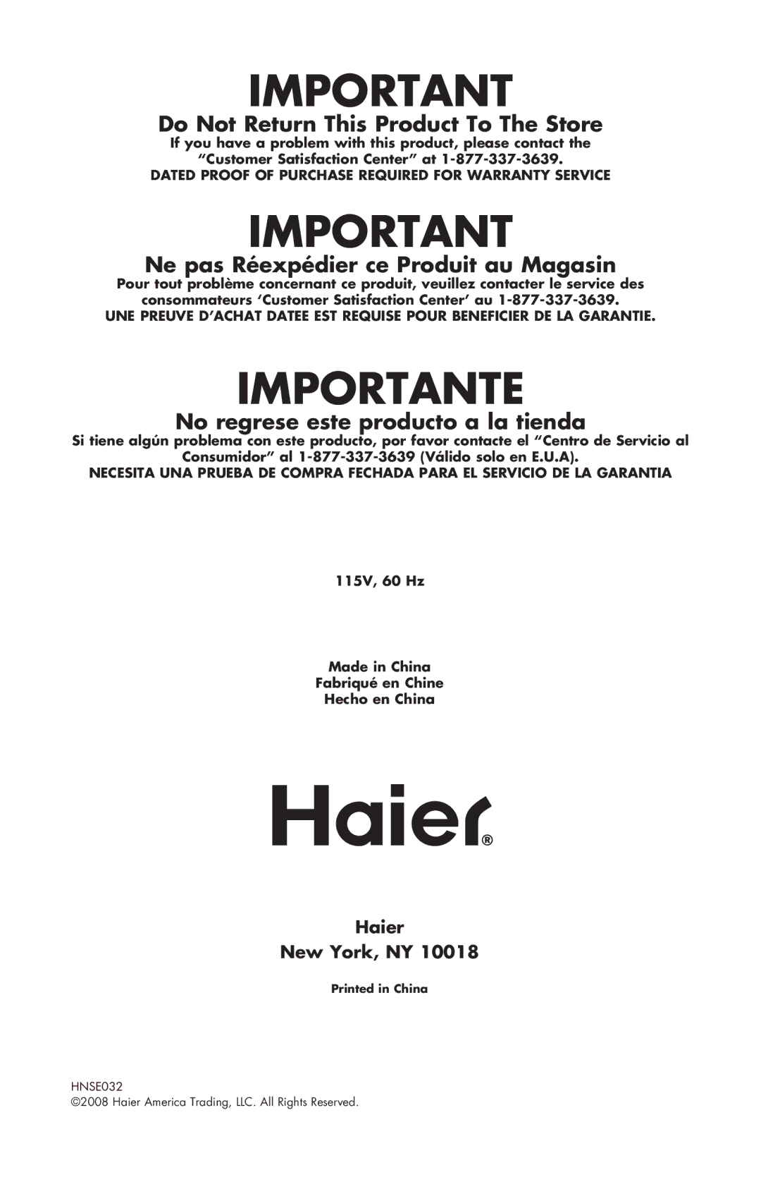 Haier COMPACT REFRIGERATOR, HNSE032 manual Importante 