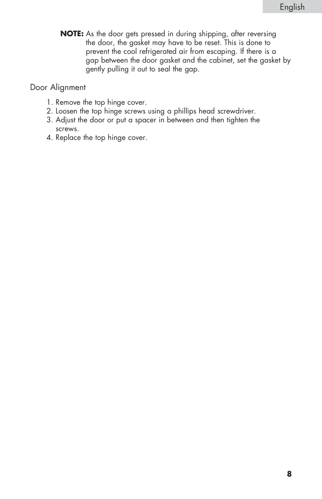 Haier HNSE032, COMPACT REFRIGERATOR manual English Door Alignment 