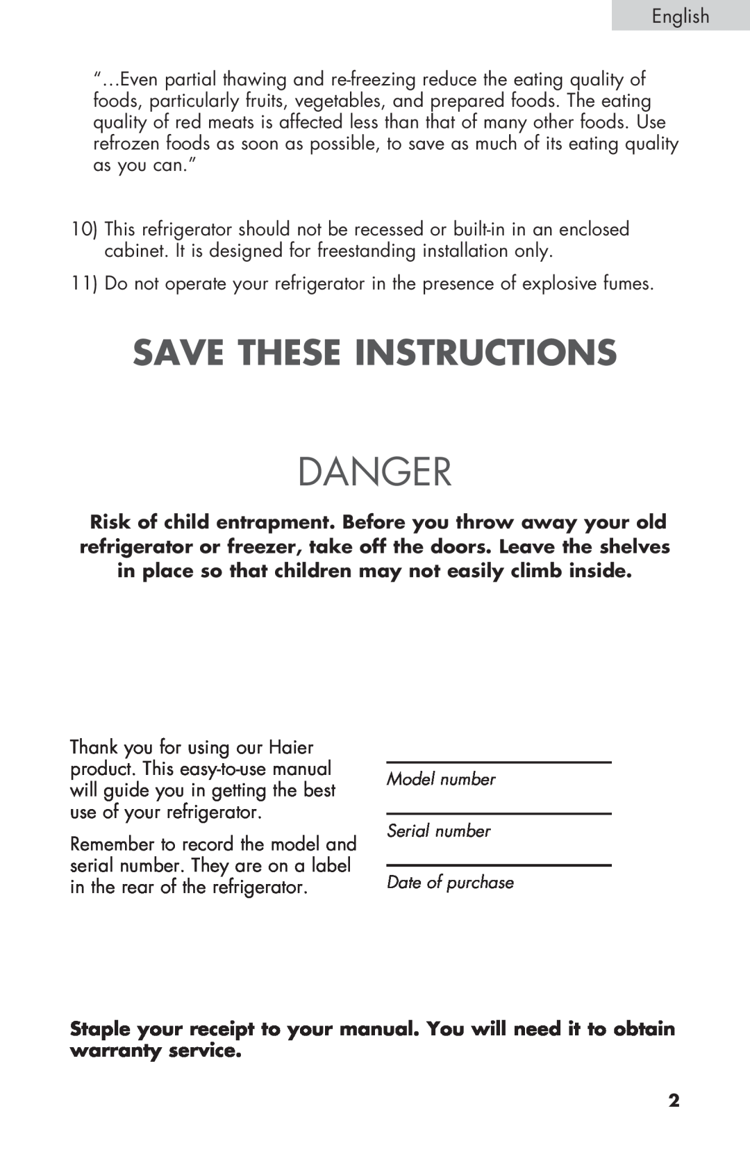 Haier HNSE032, COMPACT REFRIGERATOR manual Save These Instructions, Danger 