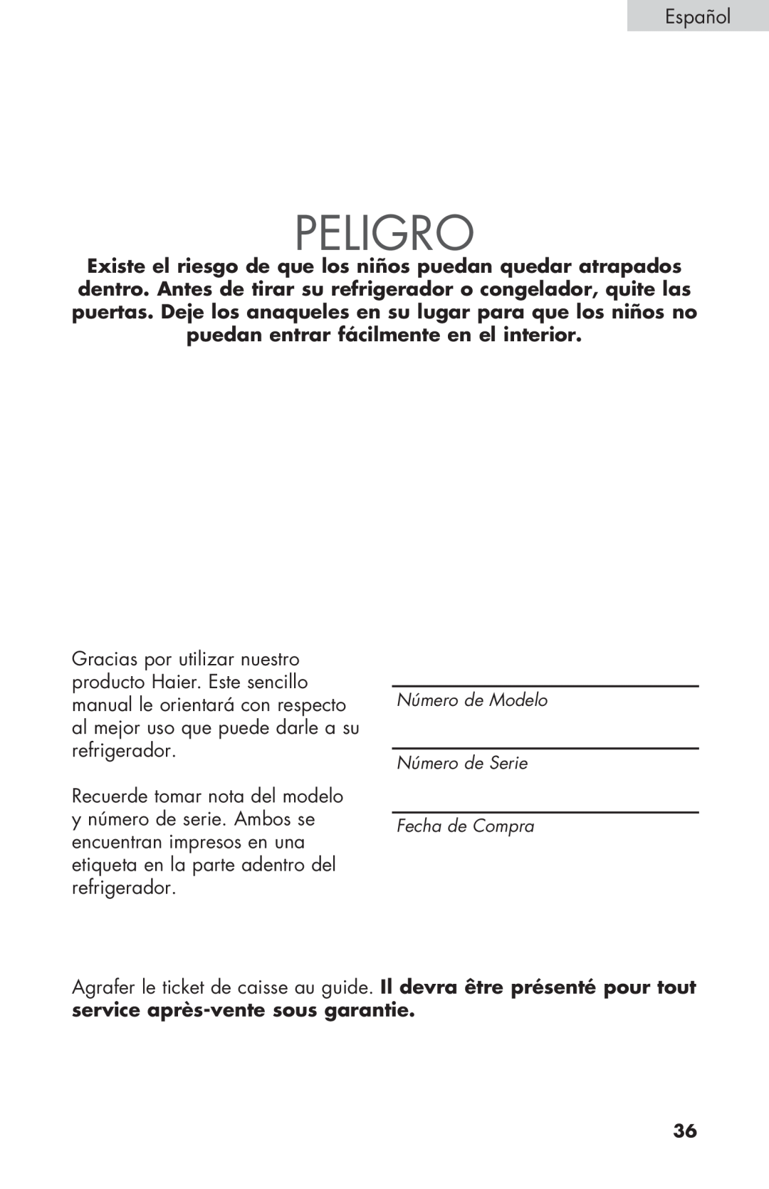 Haier HNSE032, COMPACT REFRIGERATOR manual Peligro 