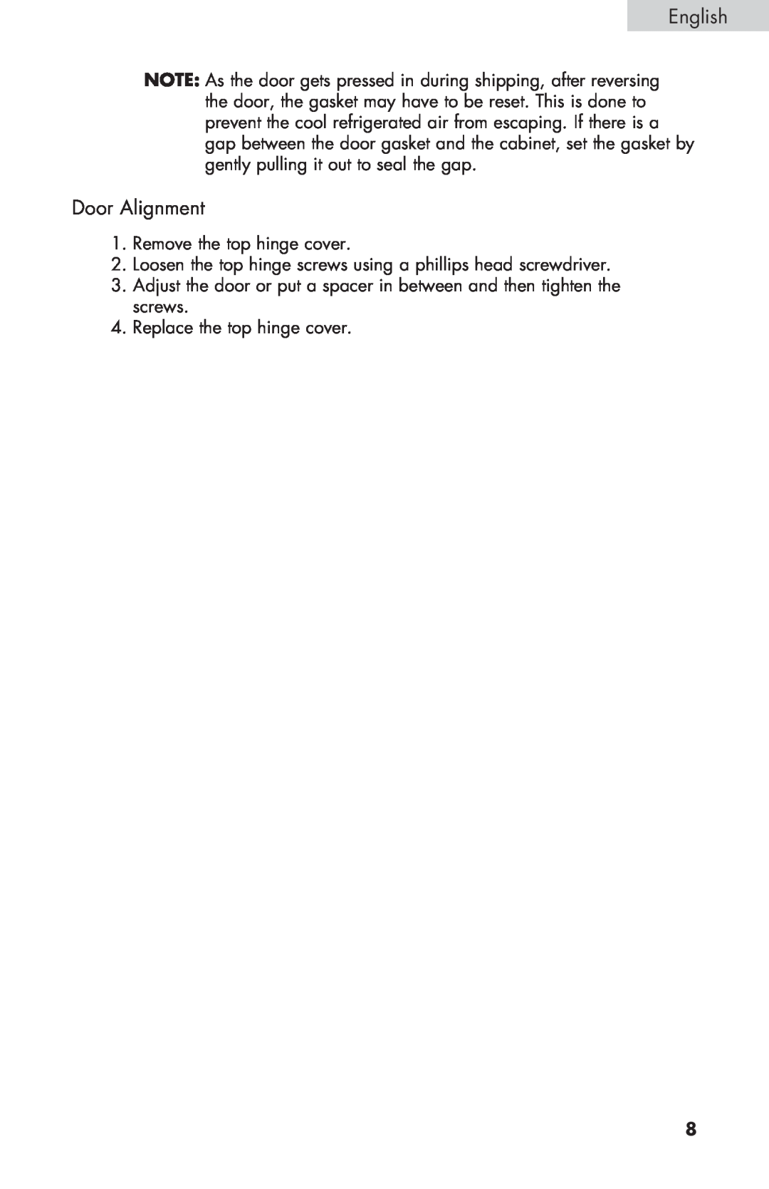 Haier HNSE032, COMPACT REFRIGERATOR manual English, Door Alignment 