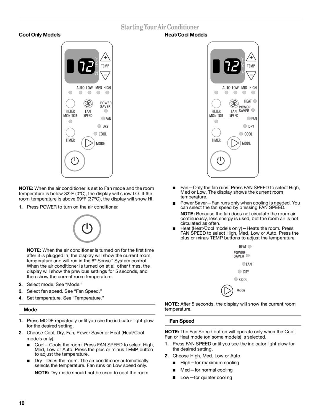 Haier CWH08A manual Cool Only Models, Fan Speed 