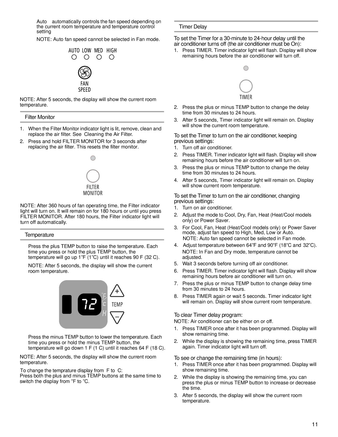 Haier CWH08A manual Filter Monitor, Temperature, Timer Delay, To clear Timer delay program 