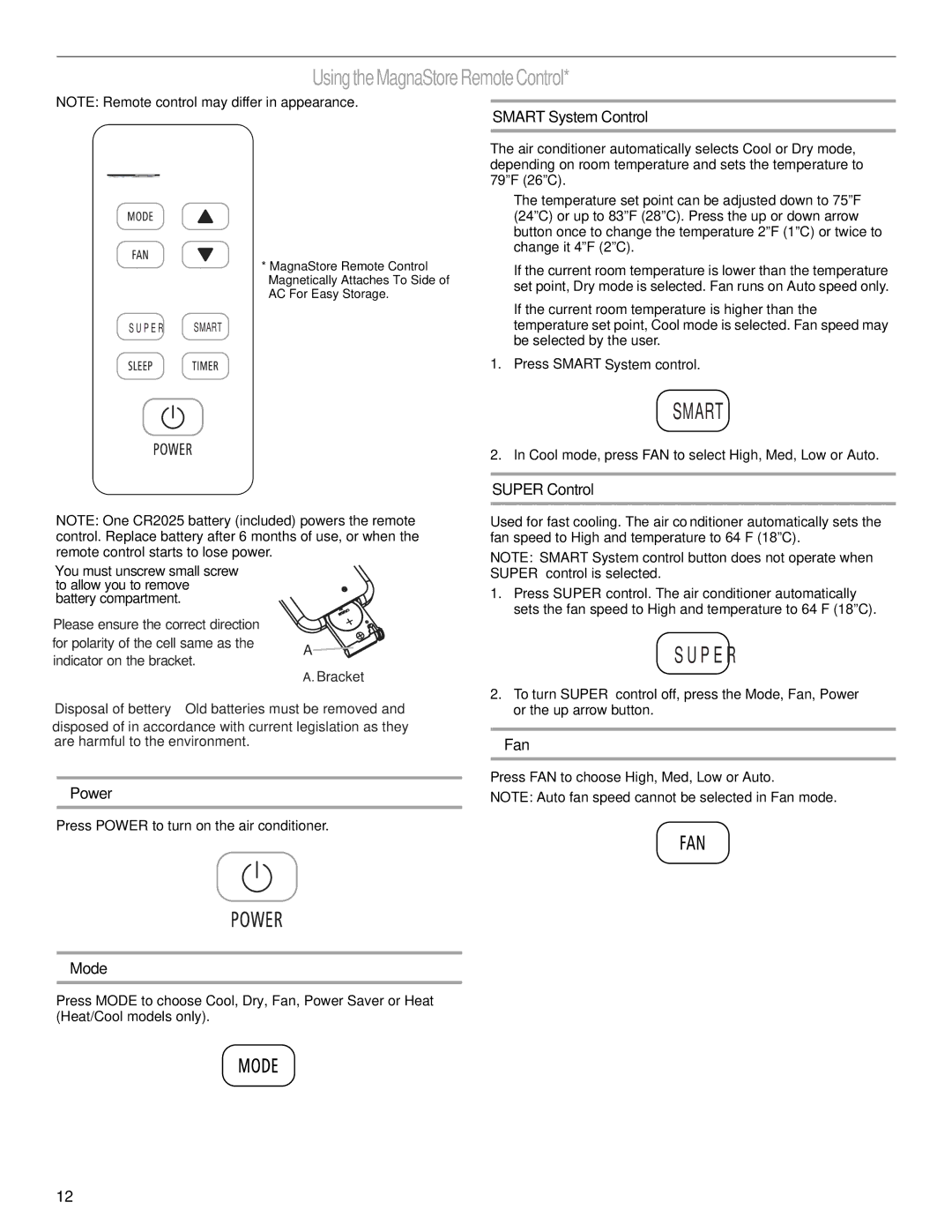 Haier CWH08A manual UsingtheMagnaStoreRemoteControl, Smart System Control, Power, Super Control, Fan 