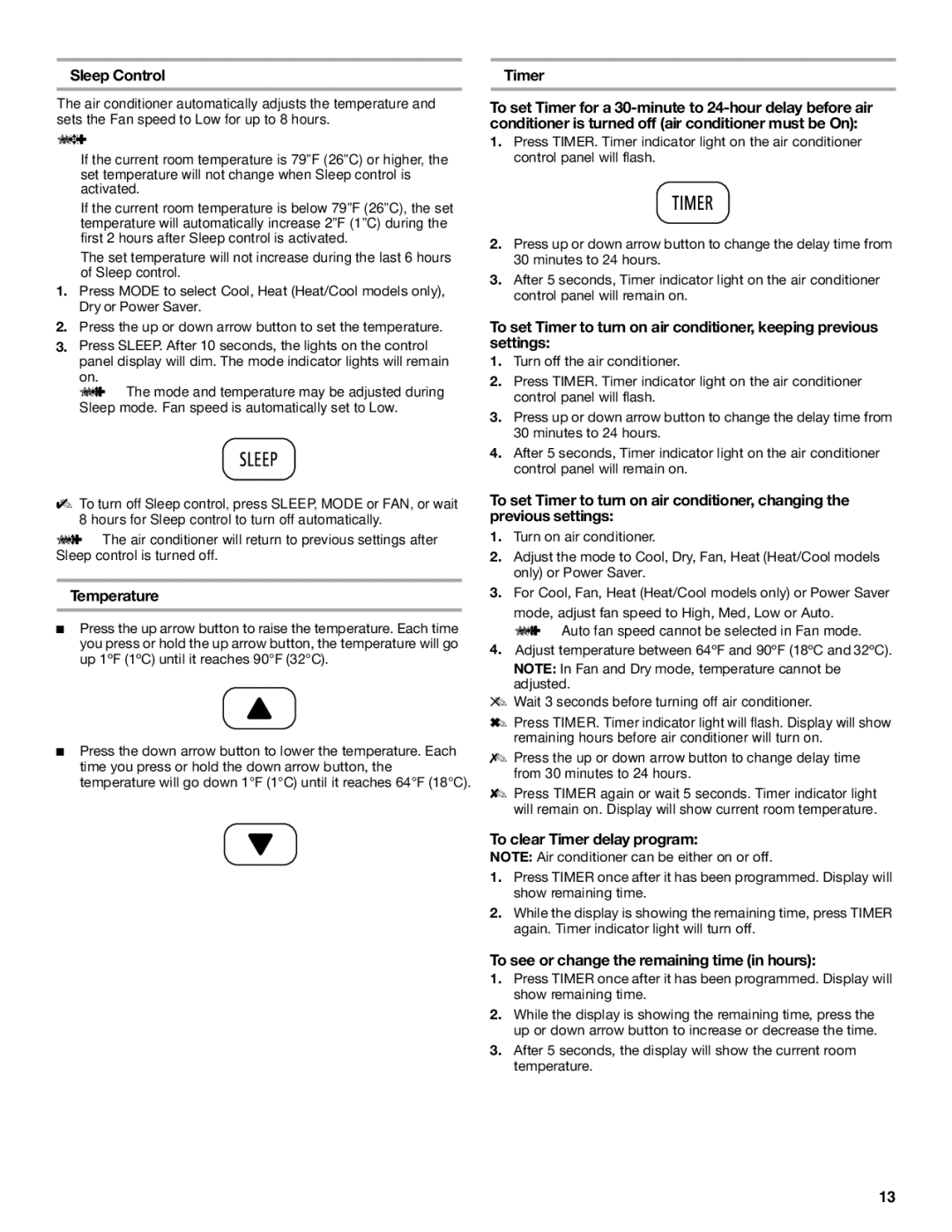 Haier CWH08A manual Sleep Control, Timer 