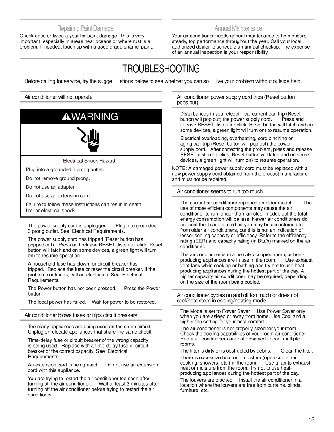 Haier CWH08A manual Troubleshooting, Repairing Paint Damage, Annual Maintenance, Air conditioner seems to run too much 