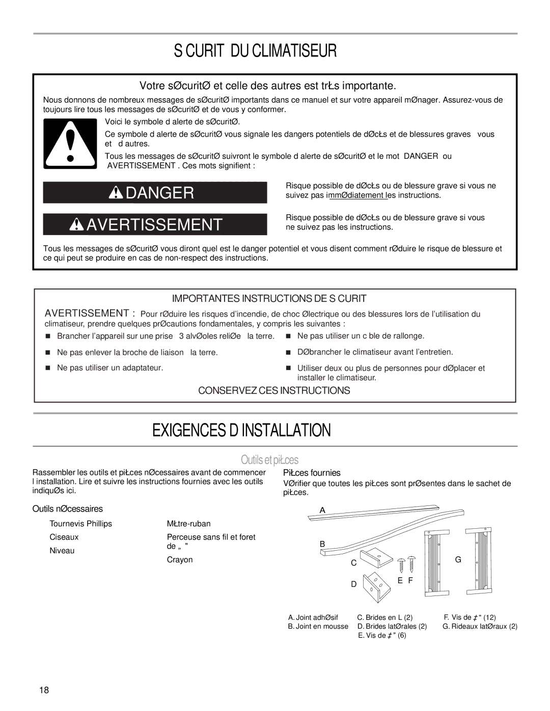 Haier CWH08A Sécurité DU Climatiseur, Exigences D’INSTALLATION, Outils et pièces, Outils nécessaires, Pièces fournies 