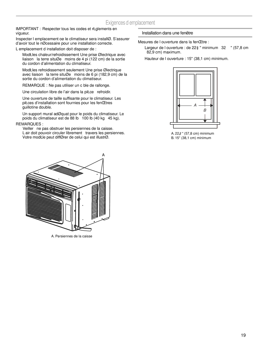 Haier CWH08A manual Exigences d’emplacement, Installation dans une fenêtre 