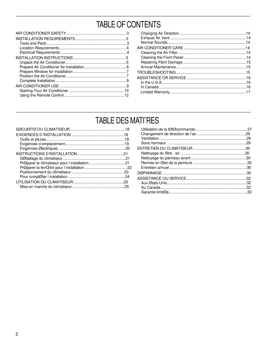 Haier CWH08A manual Table of Contents, Table DES Matières 