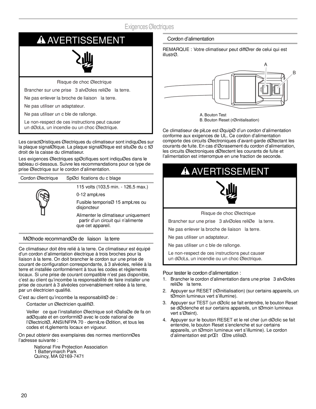 Haier CWH08A manual Exigences électriques, Méthode recommandée de liaison à la terre, Cordon dalimentation 