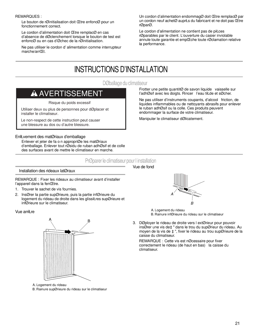 Haier CWH08A manual Instructions Dinstallation, Déballage du climatiseur, Préparer leclimatiseur pour l’installation 