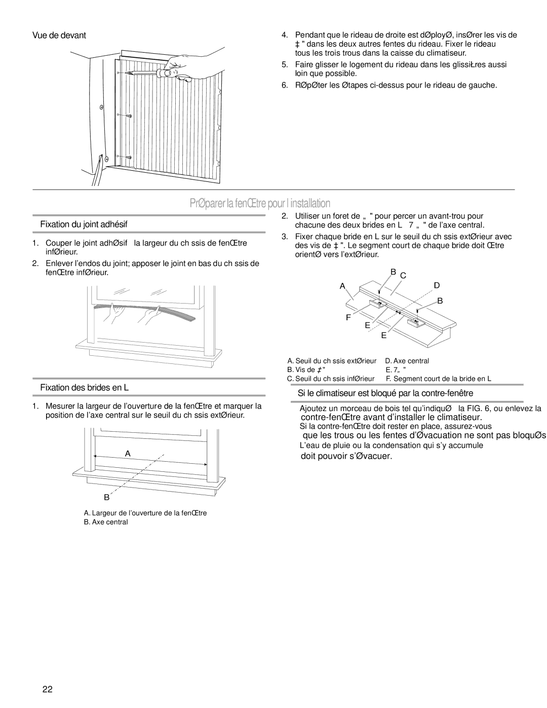 Haier CWH08A Préparer la fenêtre pour l’installation, Vue de devant, Fixation du joint adhésif, Fixation des brides en L 