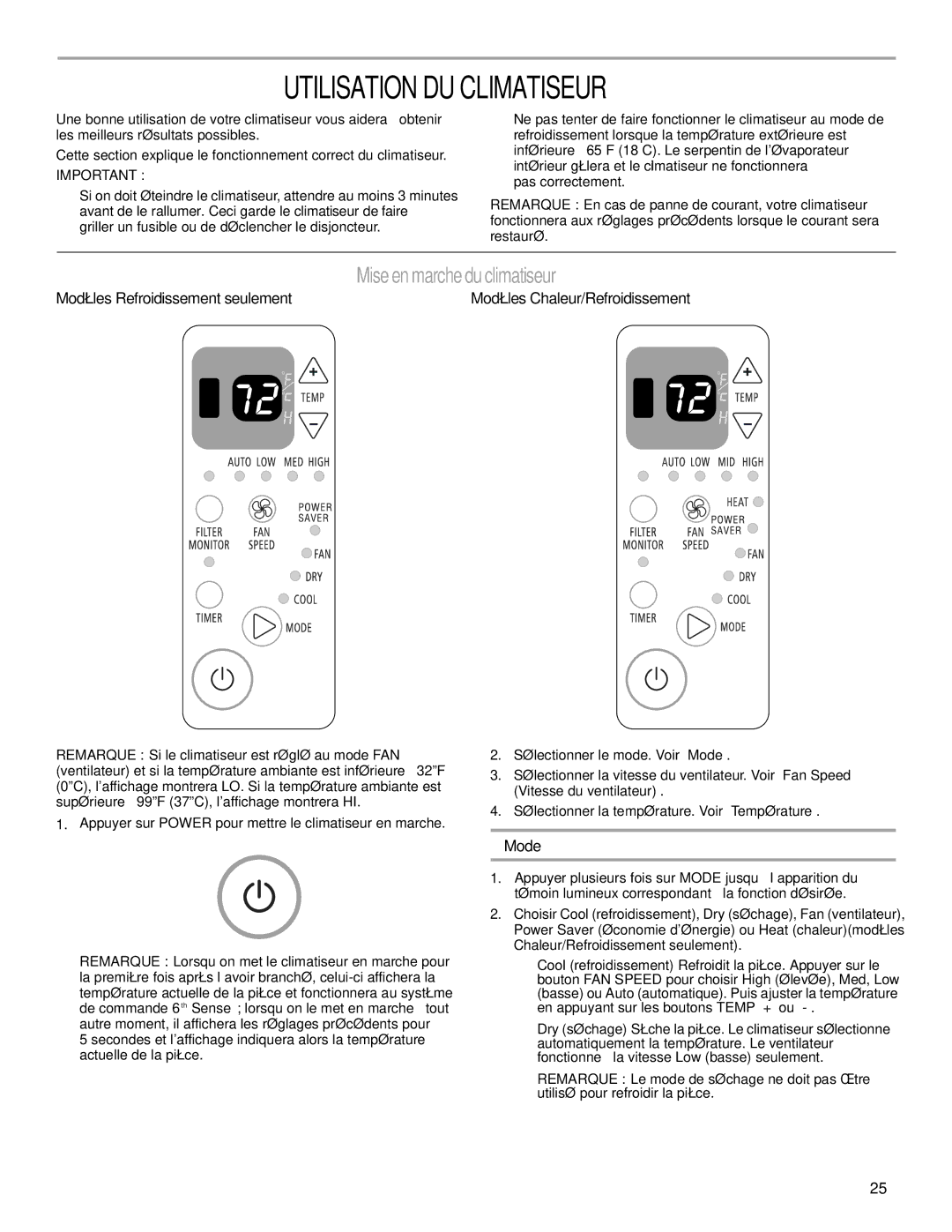 Haier CWH08A manual Utilisation DU Climatiseur, Mise en marche du climatiseur 