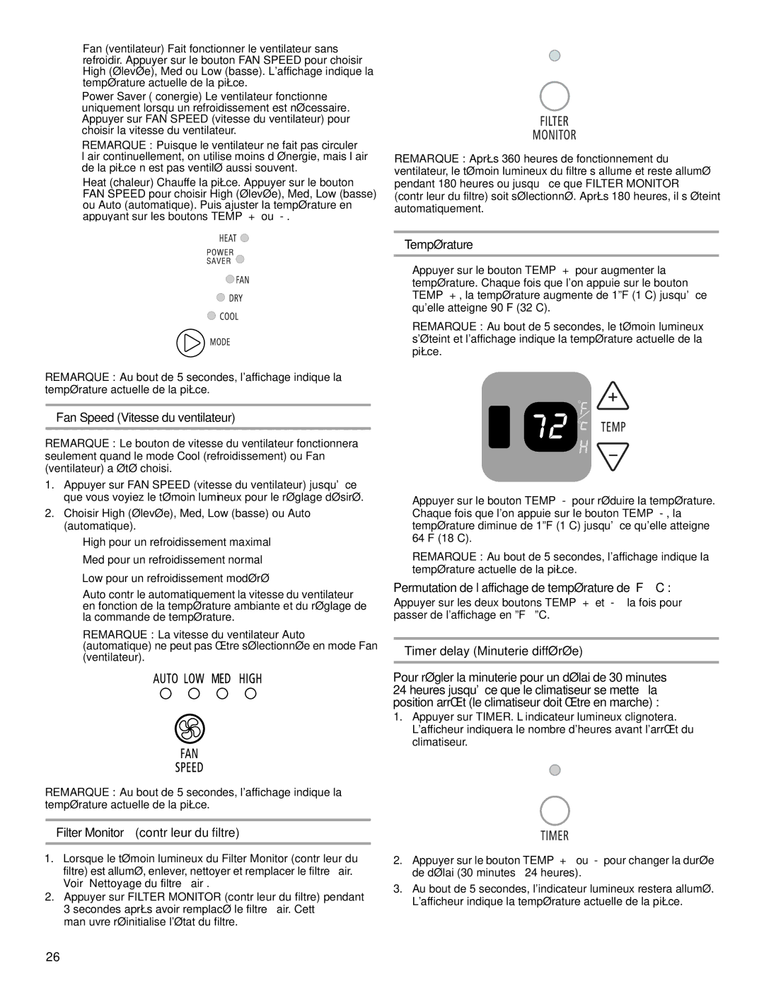 Haier CWH08A manual Fan Speed Vitesse du ventilateur, Température, Permutation de l’affichage de température de F à C 