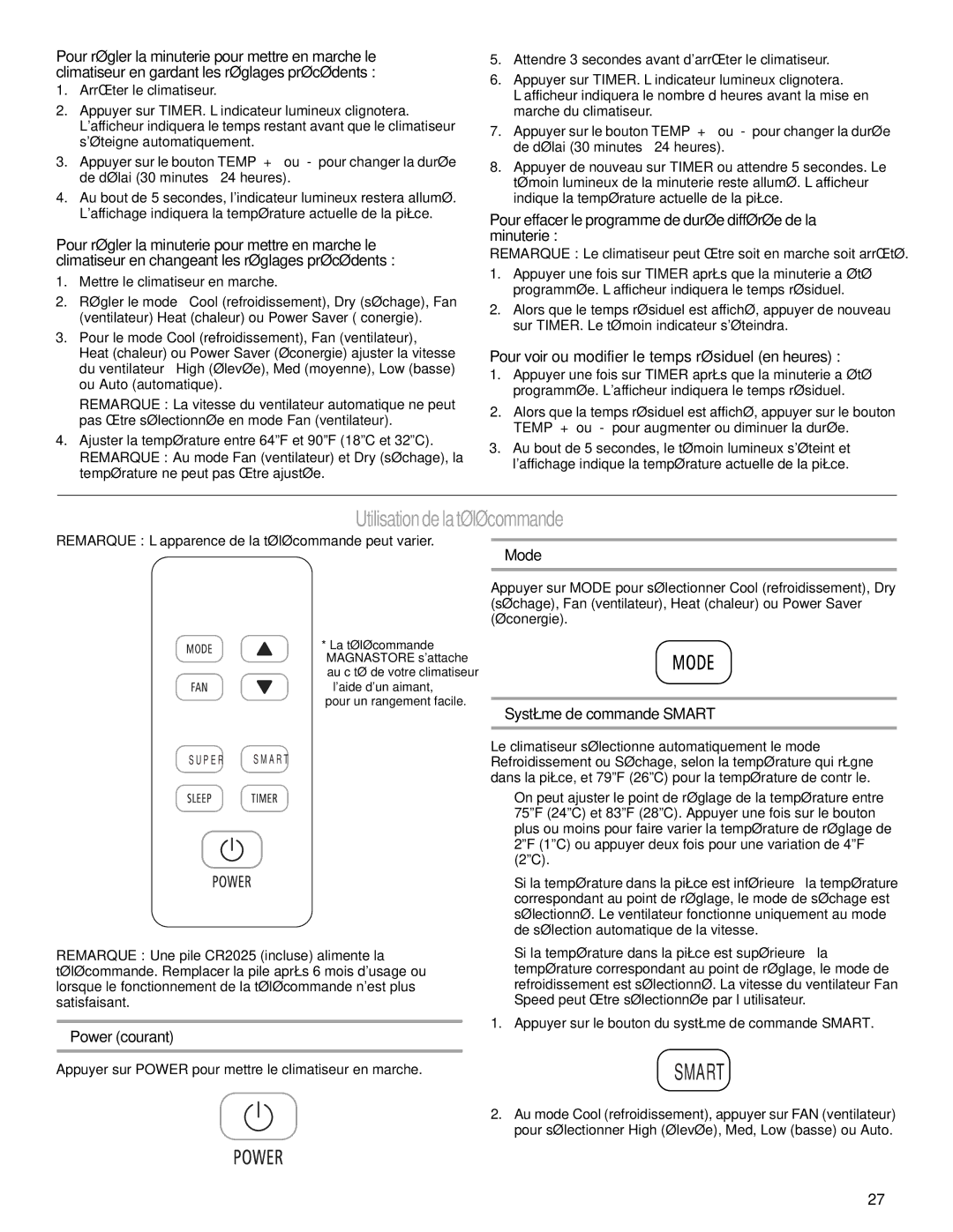 Haier CWH08A Utilisationde la télécommande, Pour effacer le programme de durée différée de la minuterie, Power courant 