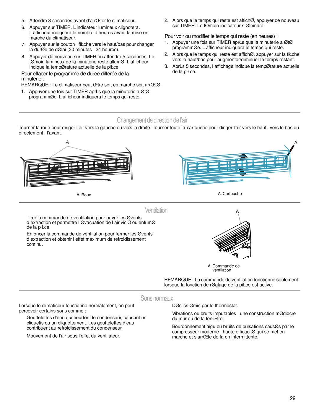 Haier CWH08A manual Changement de direction de lair, Ventilation, Sons normaux 