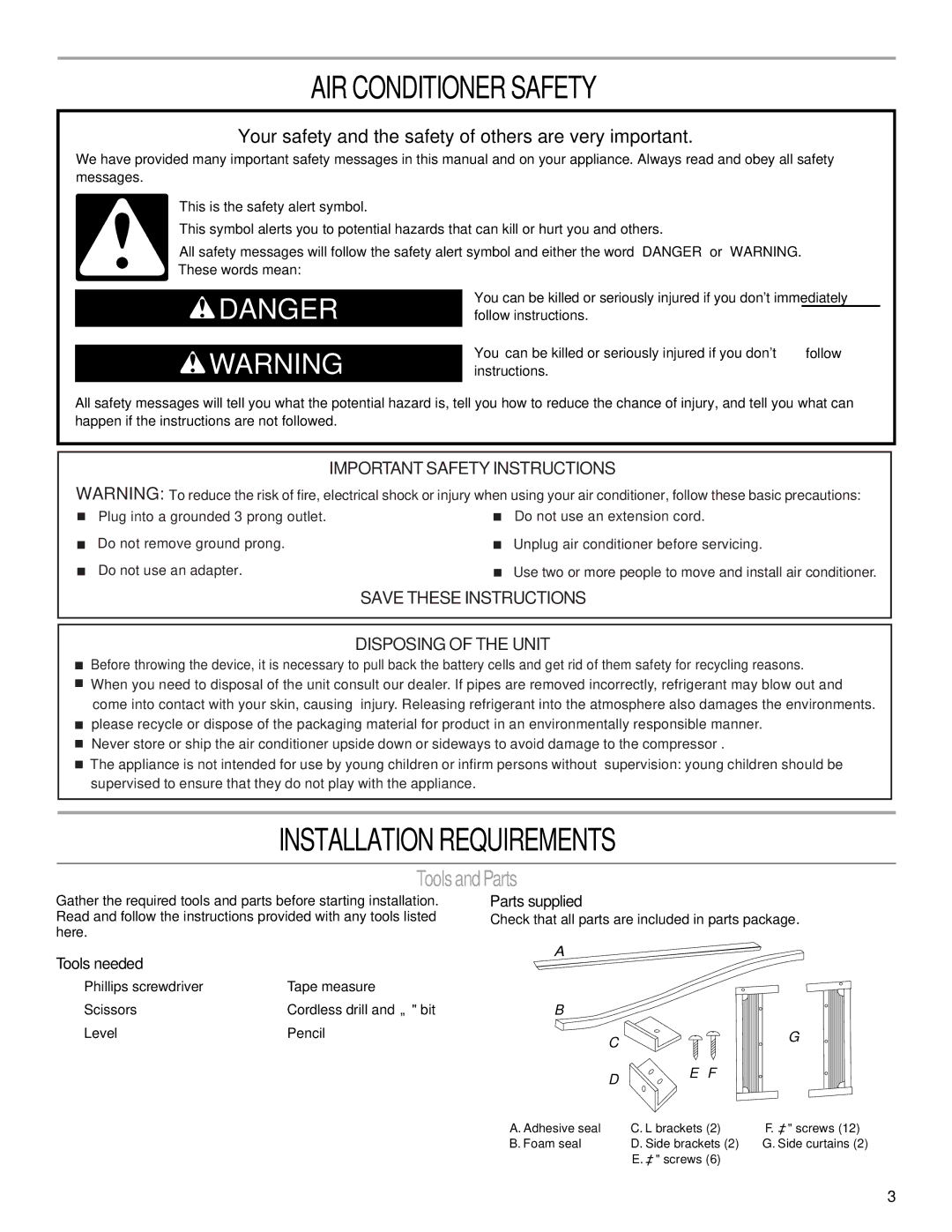 Haier CWH08A manual AIR Conditioner Safety, Installation Requirements, Tools and Parts, Tools needed, Parts supplied 