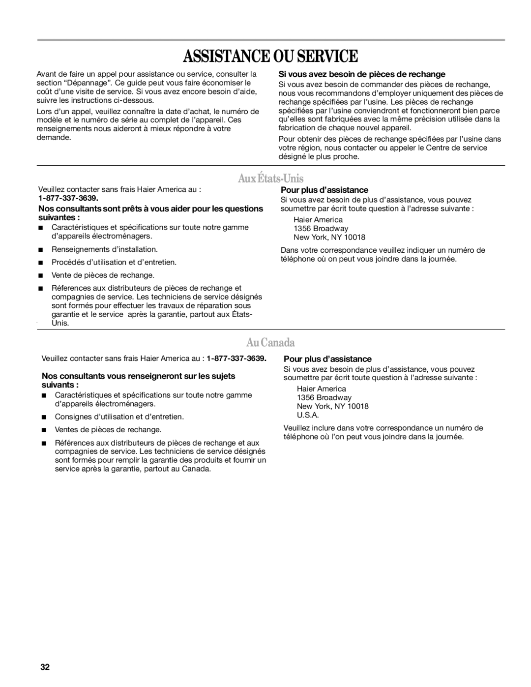 Haier CWH08A manual Assistance OU Service, AuxÉtats-Unis, AuCanada 