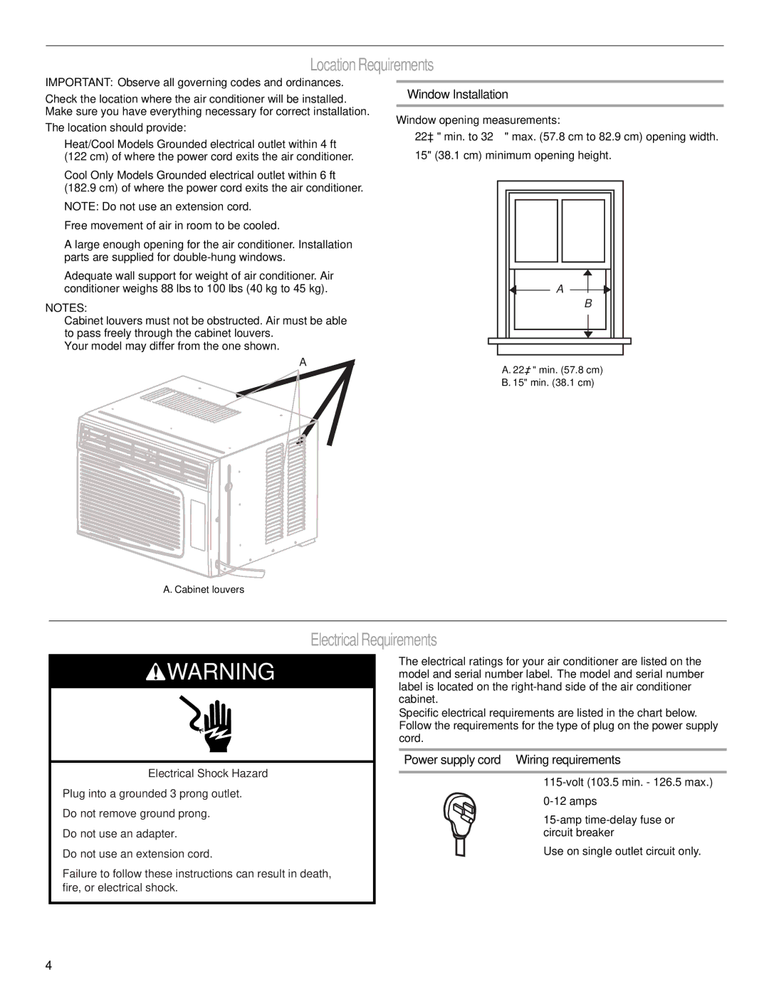 Haier CWH08A Location Requirements, Electrical Requirements, Window Installation, Power supply cord Wiring requirements 