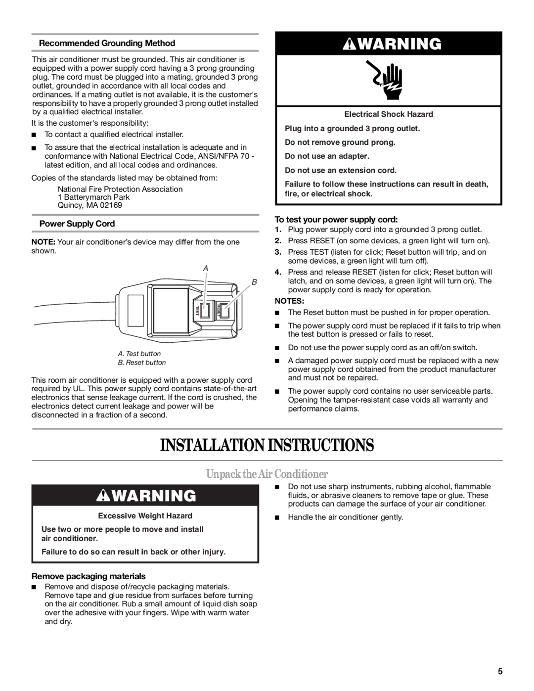 Haier CWH08A manual Installation Instructions, Unpack the Air Conditioner 