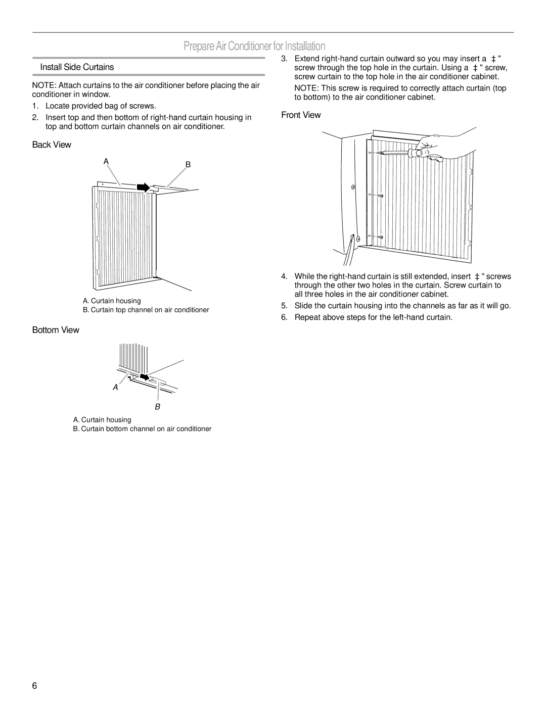 Haier CWH08A manual Prepare Air Conditioner for Installation, Install Side Curtains, Back View, Front View, Bottom View 