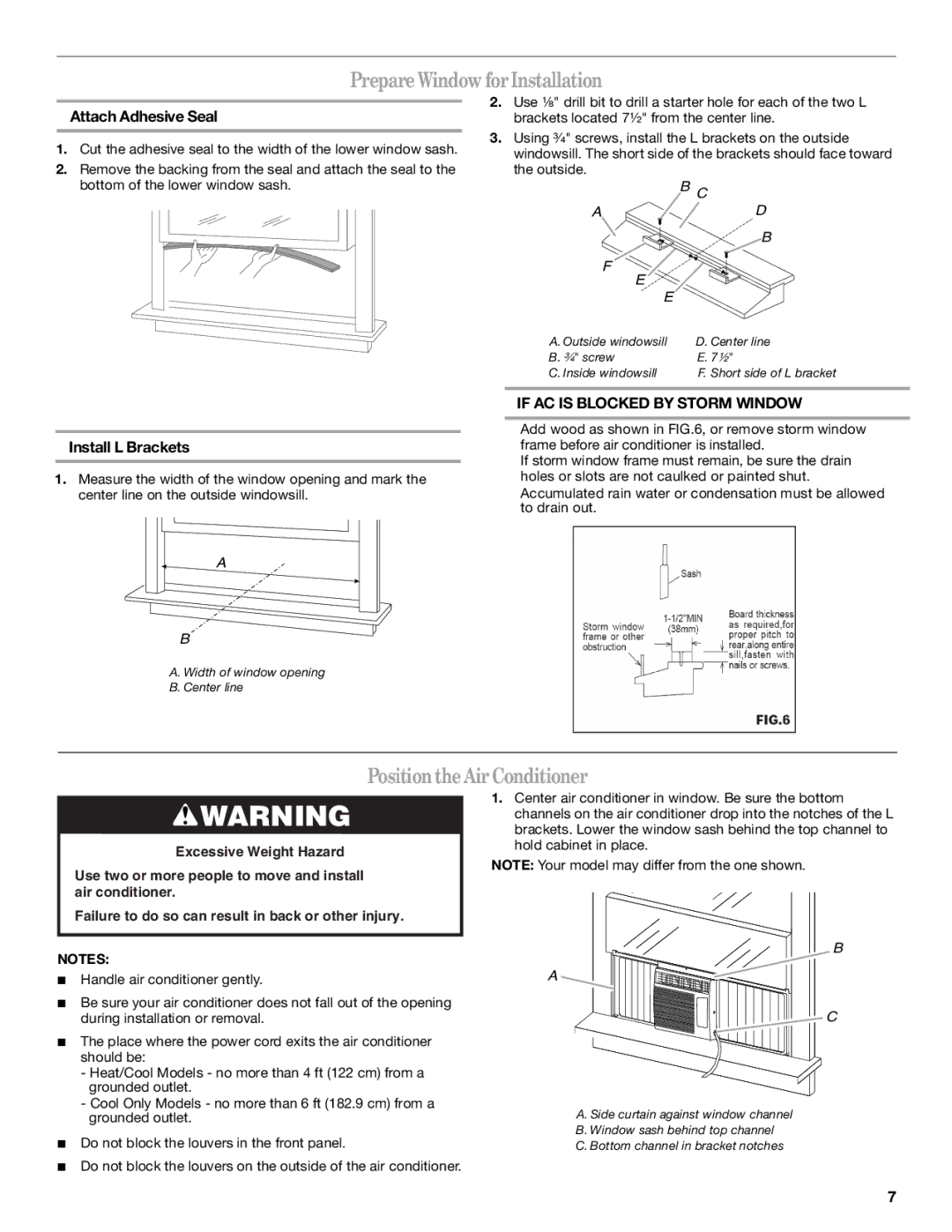 Haier CWH08A manual Prepare Window for Installation, Positionthe Air Conditioner, Attach Adhesive Seal, Install L Brackets 